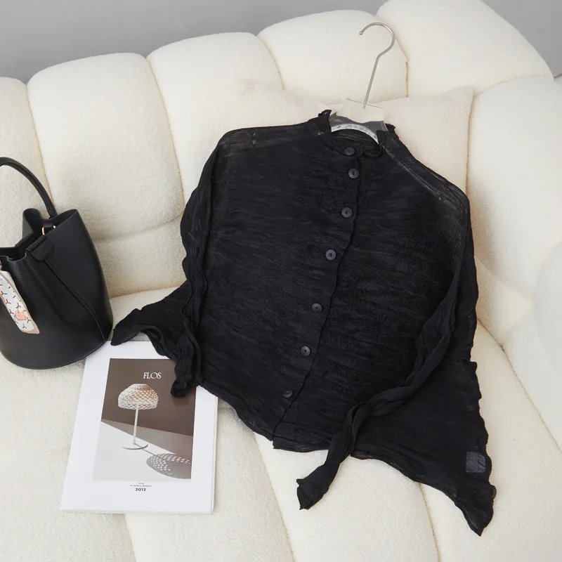 Solid Color Cardigan Lightweight UV Protection Long-sleeved Jacket Miyake Summer Solid Color Retro Pleated Versatile Top 2025