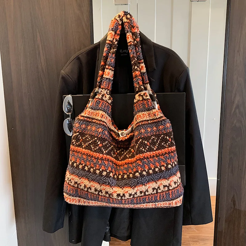 

New Winter Plush Tote Bag for Women Fair Isle Lamb Fleece Shoulder Bag Large Capacity Fuzzy Crossbody Purse Cozy Granular Grain