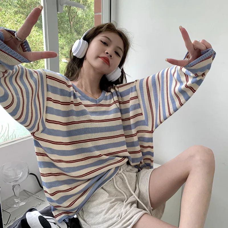

Chic Loose Fit Striped Long Sve T-irt INS Color Blo Sle Korean Lazy Feel Top For Women Autumn New Fashion Casual Basic Tee