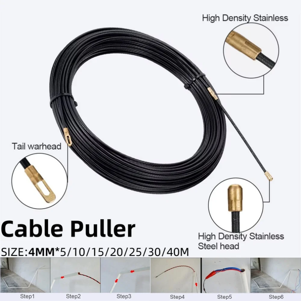 Guia extrator de cabo de 4mm, 5m-40m, extrator de pressão, fio de parede de nylon, eletricista, fita de mola, conduíte, ferramenta de auxílio de fiação