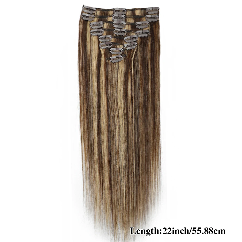 8 Pcs Highlight Straight Clip Ins Human Hair P4/27 100% Unprocessed Real Hair  Clips In Hair Thicker Ombre Raw Hair Extensions