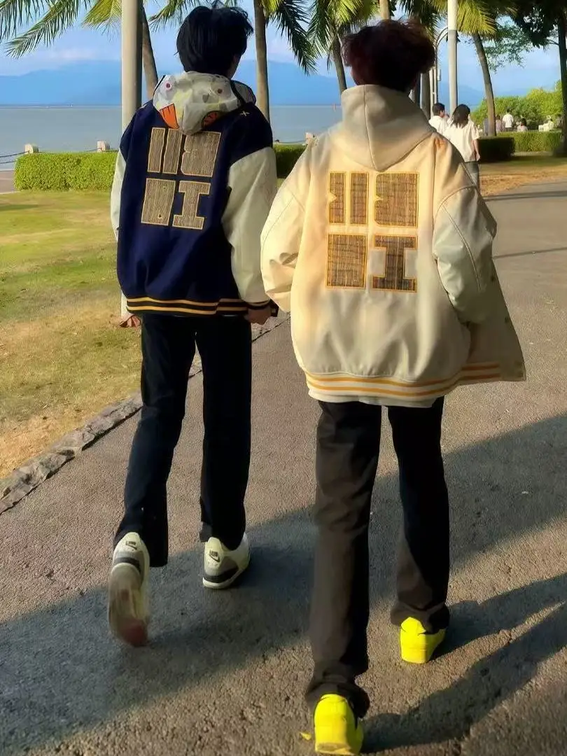 

American Sle Loose Fit Baseball Jaet Couple's Embroidered Lettering Casual Outerwear Men's Spring Autumn Color Blo Design