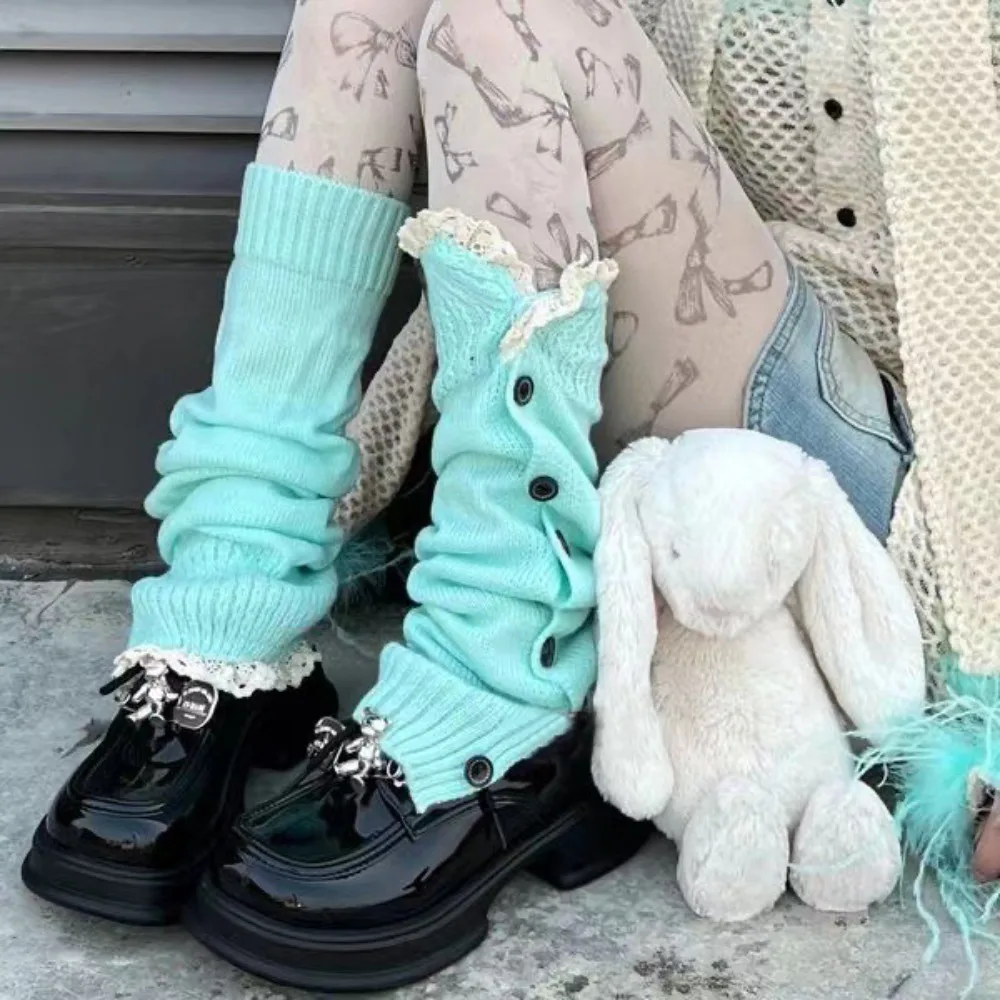 

Creative Gift Fiber Button Design Leg Warmers Y2K Harajuku Knitting Leg Warmer Socks Solid Color Lolita Ankle Warmer