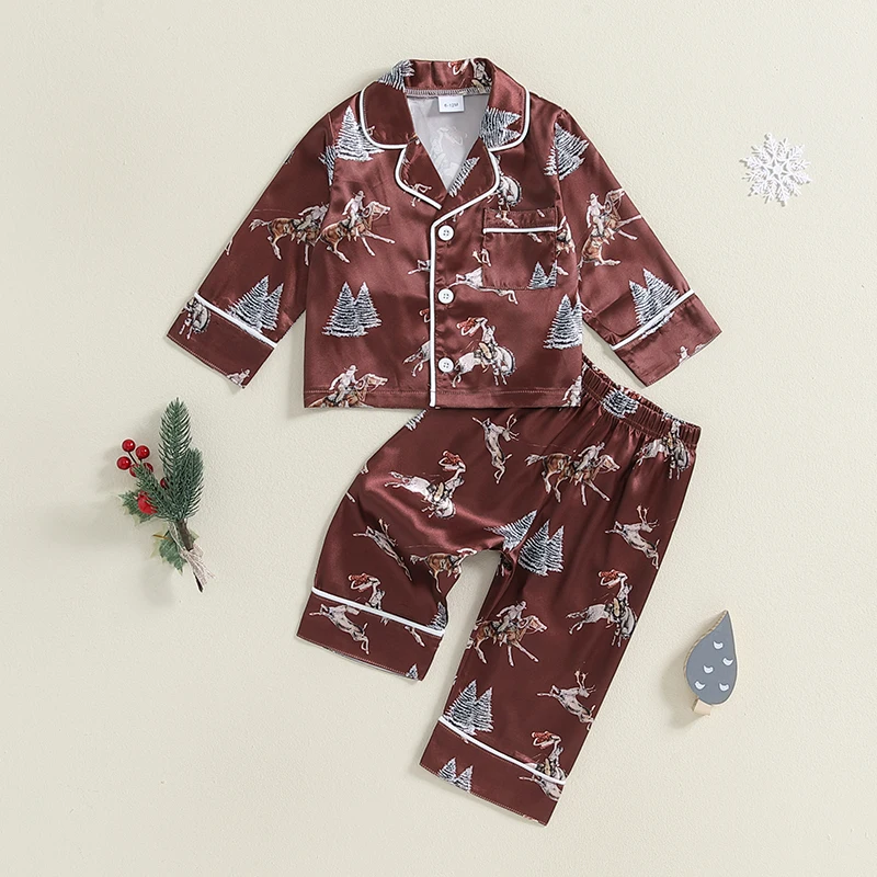 Little Girl Boy Christmas Pajamas Set Horse Christmas Tree Print Long Sleeve Lapel Pocket Tops with Pants Sleepwear Clothes