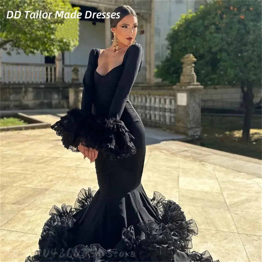 

Элегантное черное платье для выпускного вечера в испанском стиле фламенко, вечернее платье русалки с длинными рукавами для танцовщицы, вечернее платье для ночной церемонии по индивидуальному заказу