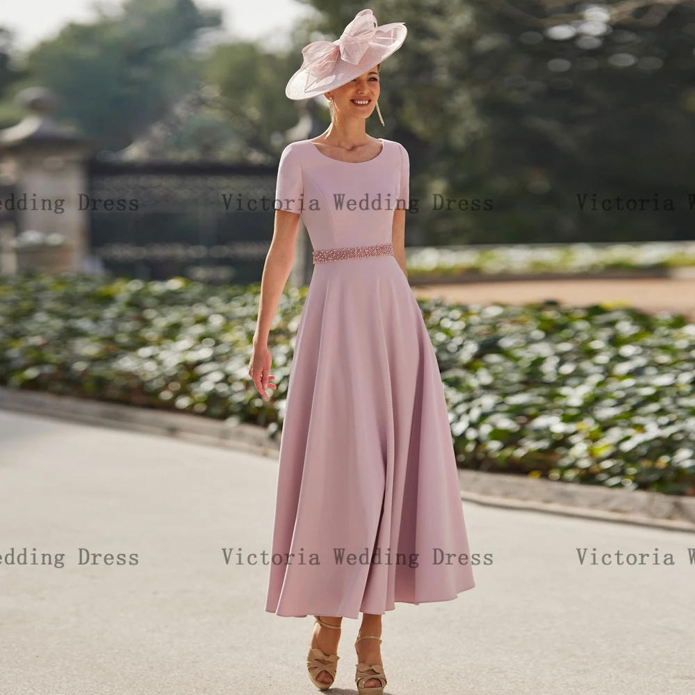 Vestidos rosas elegantes para madre de la novia, vestidos de fiesta de boda con cuello redondo, mangas 2024, abalorios hasta el tobillo, línea A, 3/4