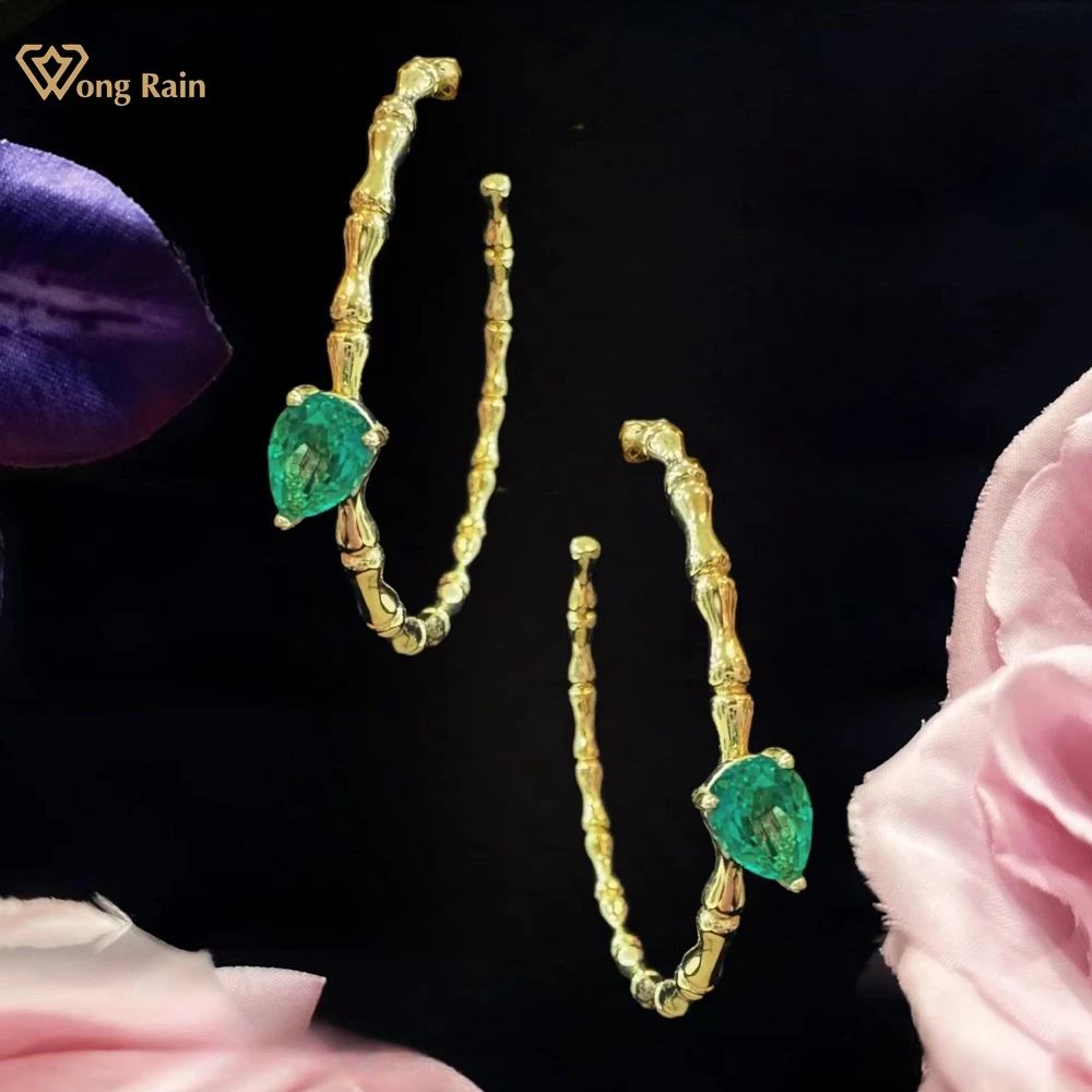 

Wong Rain Vintage 18K Gold Plated 925 Sterling Silver 5*7 MM Pear Cut Emerald Gemstone Hoop Earrings for Women Fine Jewelry Gift