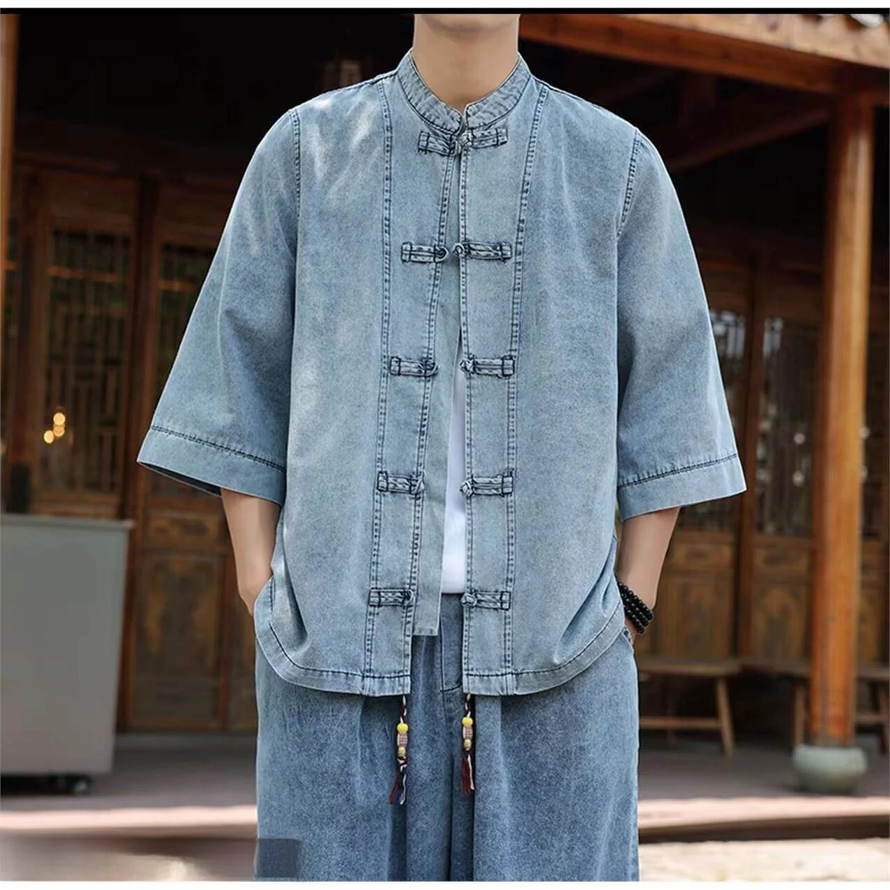 

Retro Chinese Style Button up Denim Shirt Loose Fit Men's Long Sleeve Tea Costume Top Summer Fashion Casual Wear