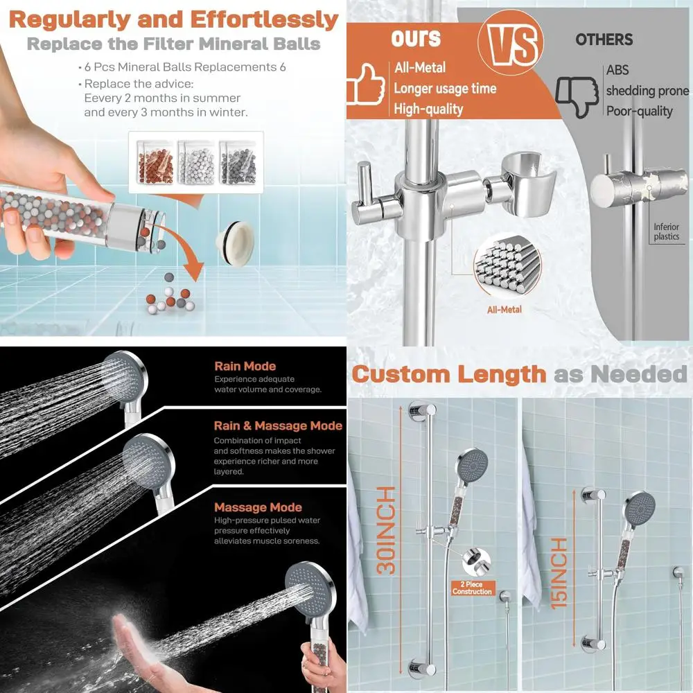 

3-Mode Handheld Shower with 30 Slide Bar, Long Hose, 6 Mineral Balls, Chrome Finish