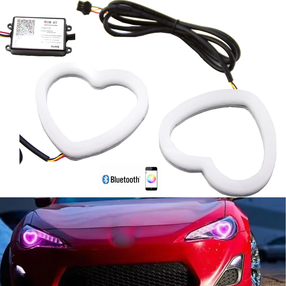 LED Modified Headlights With Bluetooth APP Fog Lights Heart Aperture 2 RGB Heart Row