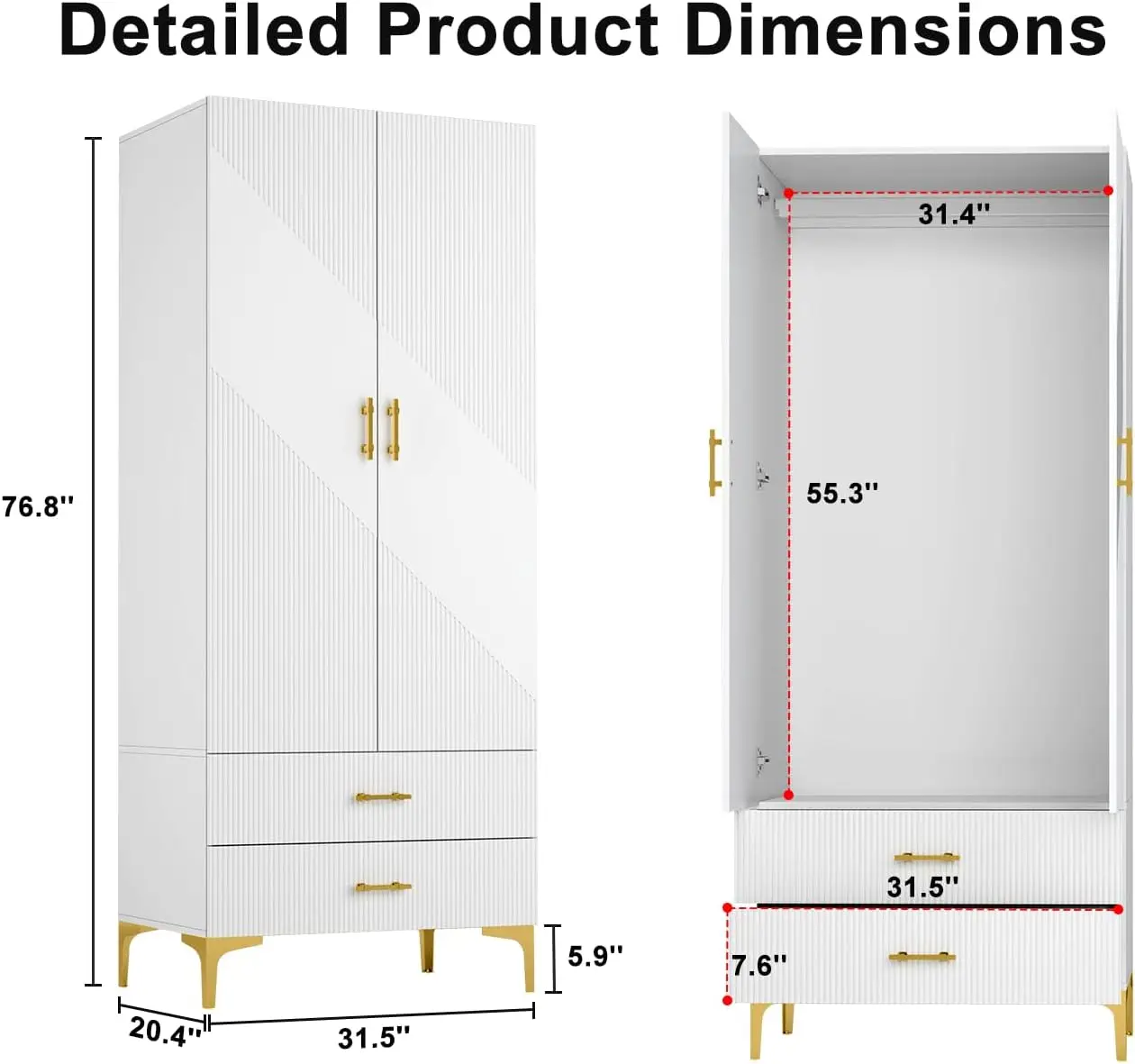 Wood White Wardrobe Closet with Drawers: 2 Doors - 2 Drawers and Armoire with Hanging 1 Rod - Cabinet Handle with Metal Legs