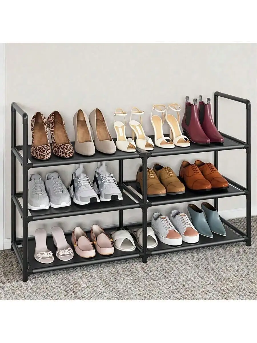 3-Tier Shoe Rack, Holds 12-15 Pairs, Sturdy Stackable Shoe Shelf, Expandable & Adjustable Fabric Shoe Organizer, Durable Metal S