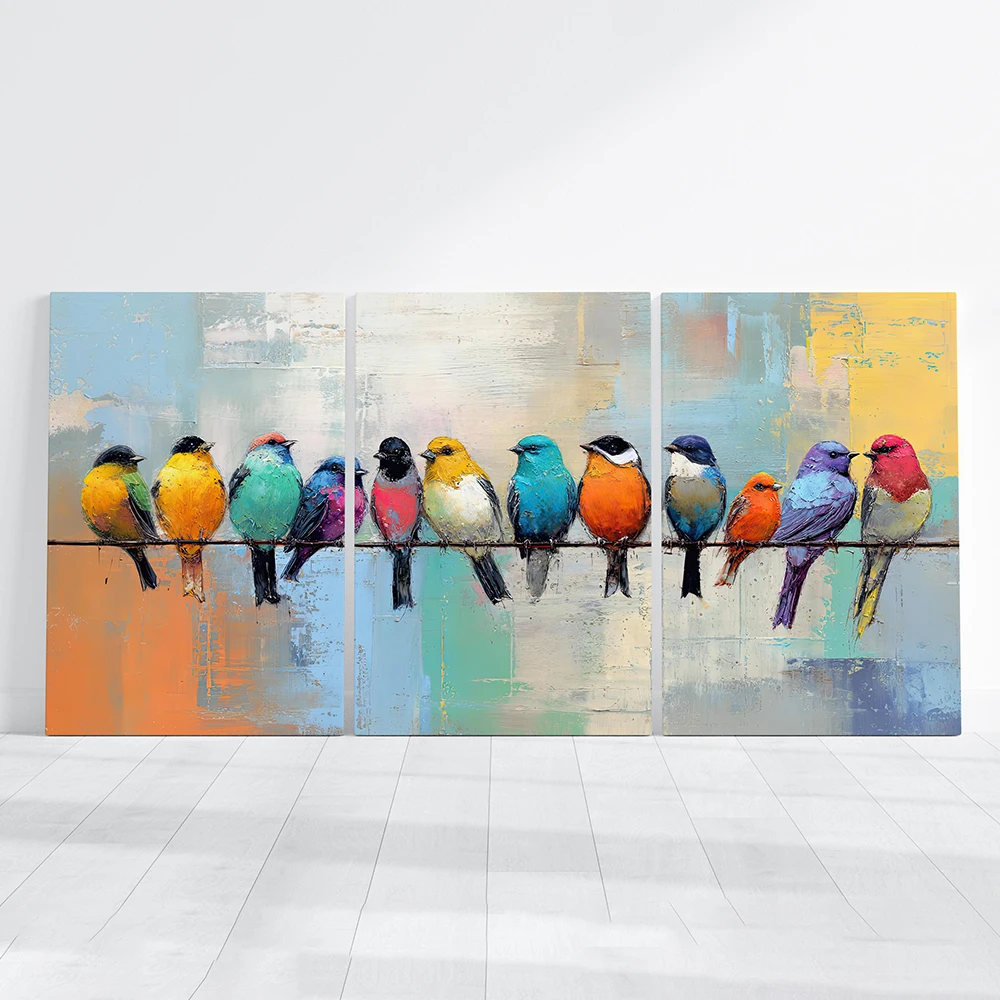 3PCS Colorful Birds On Wire Canvas Print, Textured Animal Vintage Art For Entryway Wall Decoration