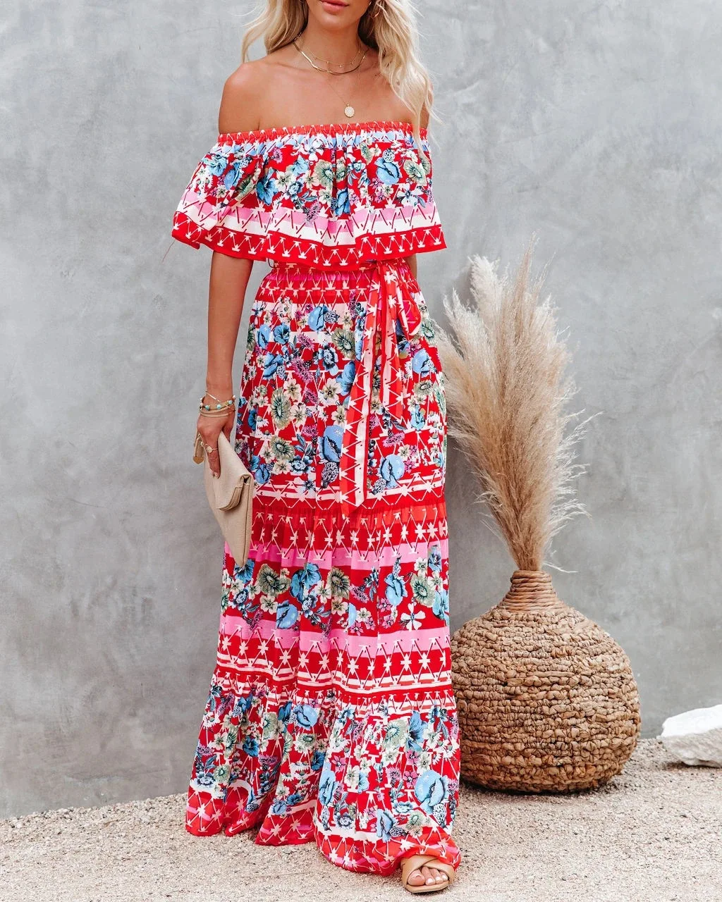

Women's One-line Long Dress 2025 Summer European and American New One-shoulder Flower Printed Long Swing Dress Women Long Dress