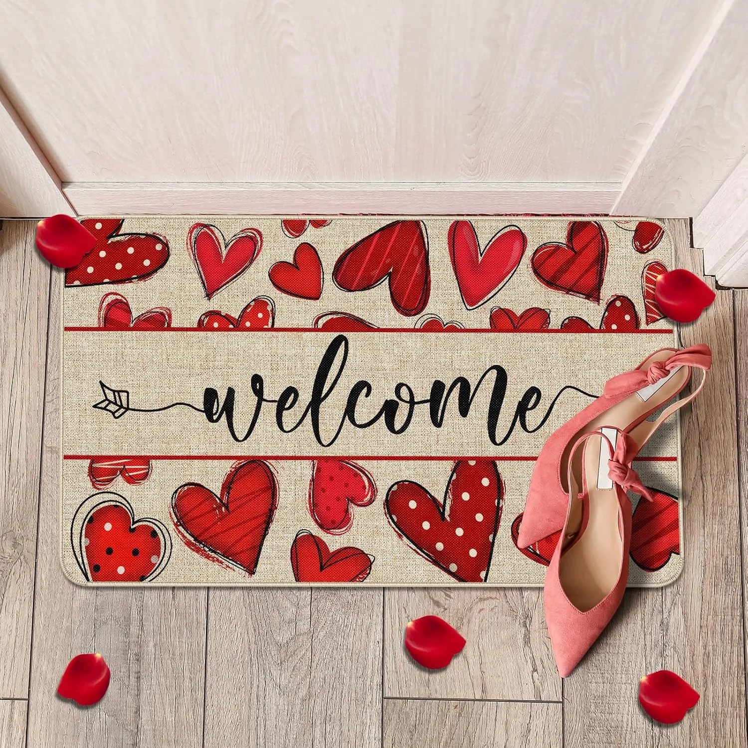 Love Valentine's Day Fußmatte, rosa und rot, herzförmig, Willkommens-Fußmatte, Wohnzimmerteppich, Wohnzimmer, Eingang, Veranda, Teppich