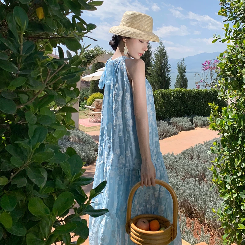 Ele Blue Floral Ricamo Off-oulder Svel Long Dr per le donne Summer Vaion Beach Holiday Gonna gonfia