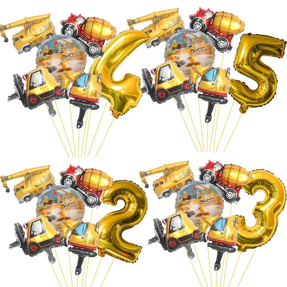 7-teiliges Karton-Ballon-Set für Baufahrzeuge mit 32-Zoll-Gold-Zahlenballon für Geburtstagsparty-Dekoration mit Baumotiv für Jungen – Detail 2