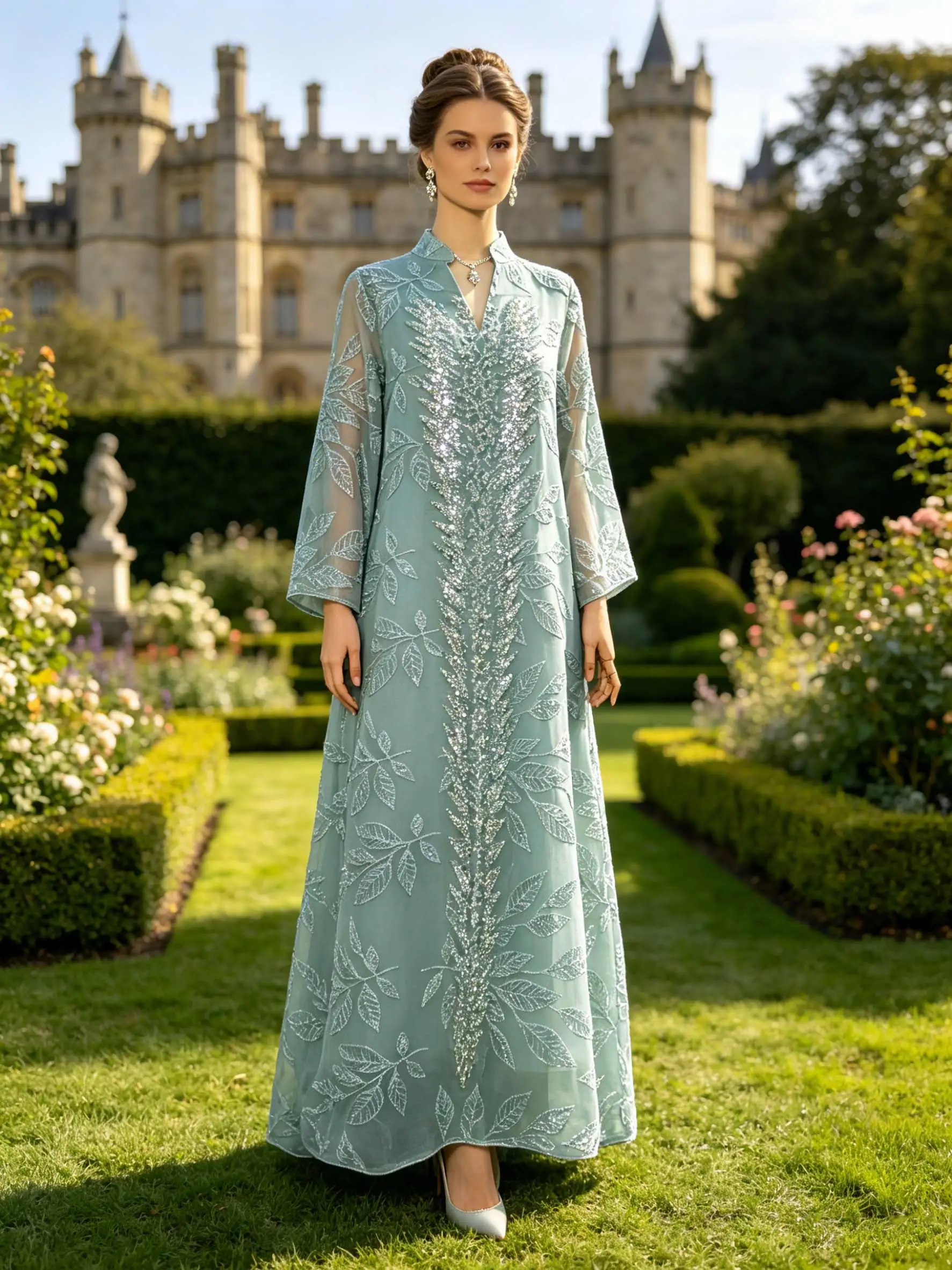 Muslim Women Mint Green Abaya with Silver Sequin Leaf Embroidery Dubai Kaftan Elegant Ramadan Eid Prayer Dress Turkey Islamic