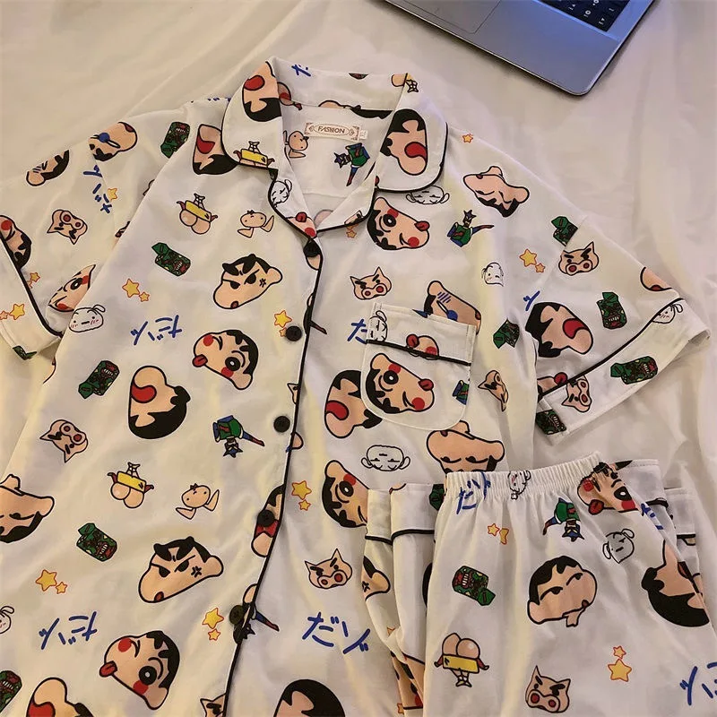 Conjuntos de pijamas de seda para mujer, ropa de dormir holgada, Tops y pantalones cortos, Y2K, Japón, Anime, crayón, ropa de casa, satén, Kawaii,