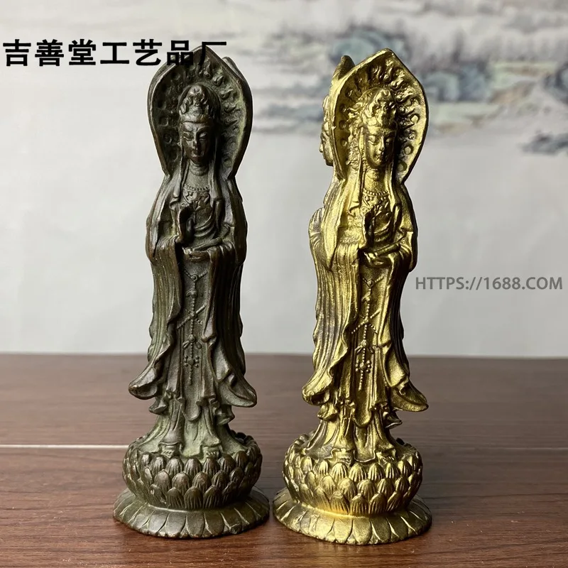 Three-Faced Guanyin Buddha Statue Ornament Antique-Style Buddha Statue Collectible Alloy Lotus Seat Standing Guanyin Home Decora