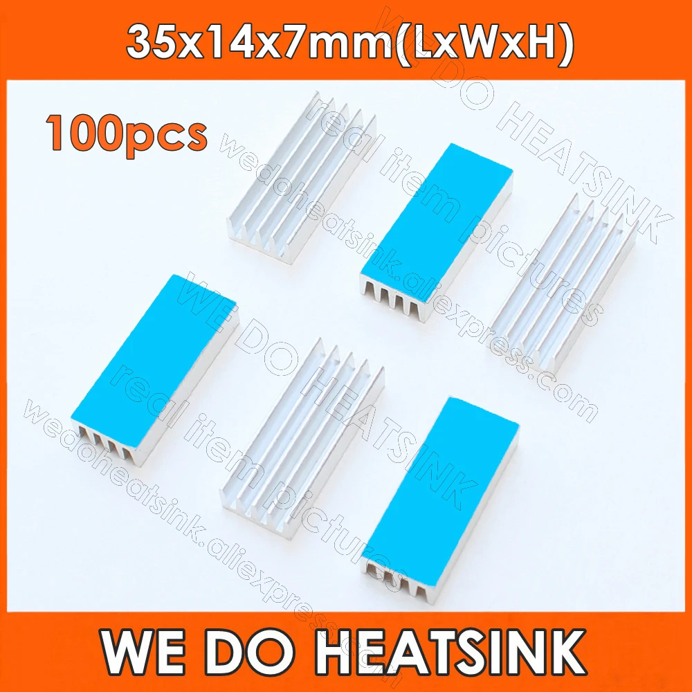 

WE DO HEATSINK 100pcs 35x14x7mm Aluminum Heatsink Radiator Cooler With Thermally Adhesive Heat Transfer Pad