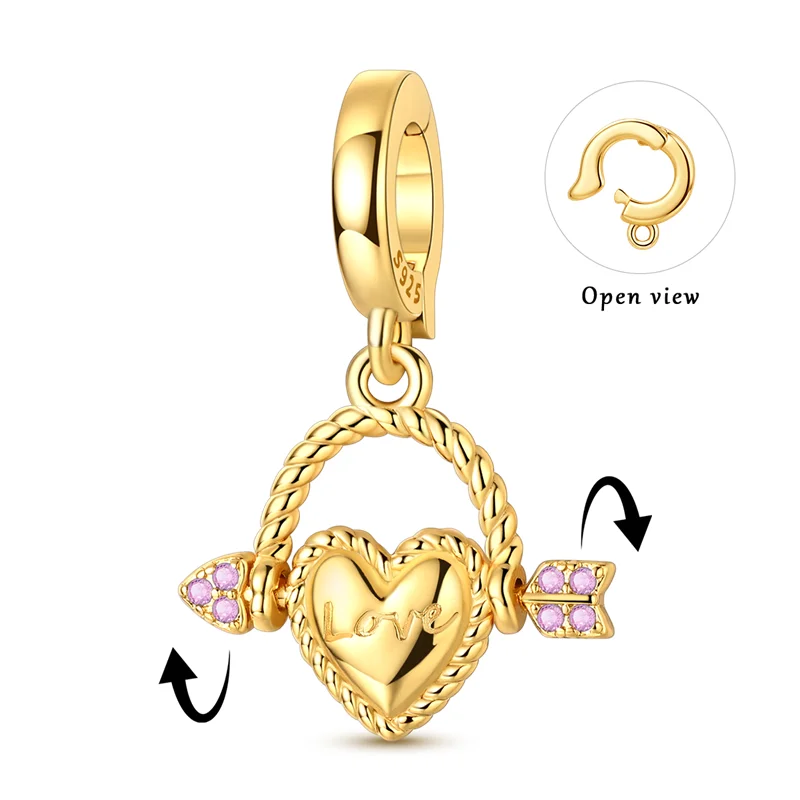 

925 Sterling Silver Charms Bead CZ Zircon Golden Cupid's Arrow Dangle Fit Original Bracelet DIY Women Jewelry Gift