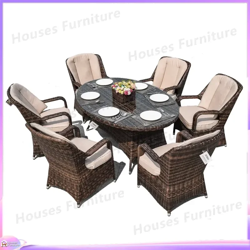 Outdoor Rattan Dining Set 6 Chairs Table Woven Rope Wooden Garden Furniture Patio Recliner Set Exterior Lawn Balcony Decor