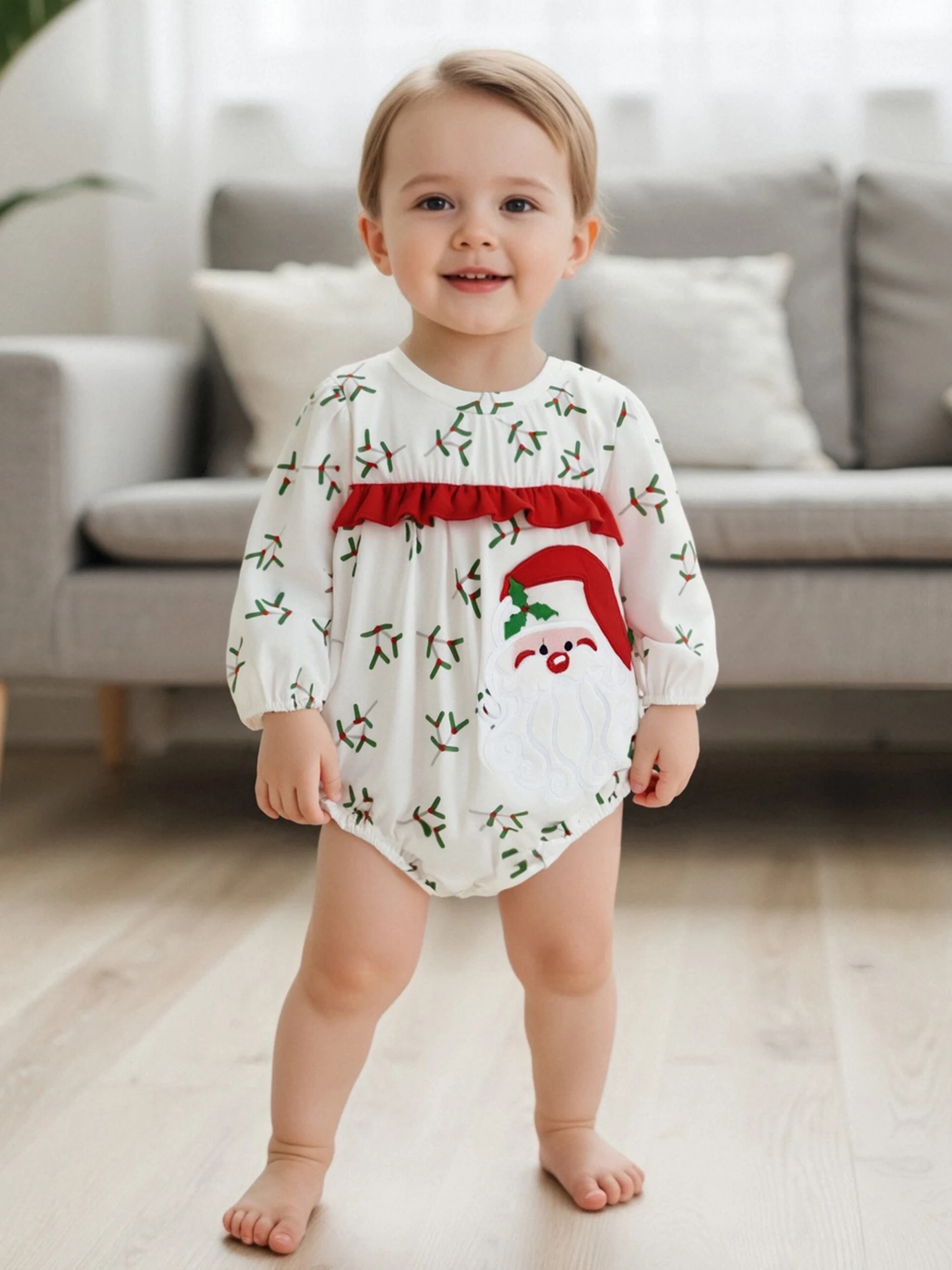 

Рождественский комбинезон для маленьких девочек, боди с длинными рукавами и вышивкой Санта-Клауса, милая зимне-осенняя одежда