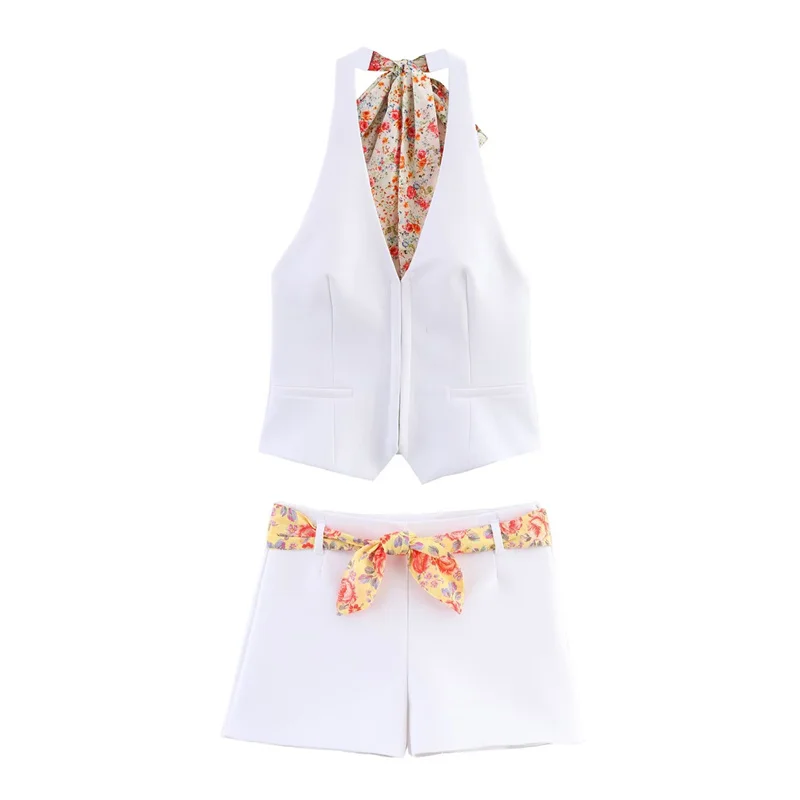 

Women's suits Halterneck collar white vest shorts suit Sexy V-neck Printed ribbon decoration Celebrity style