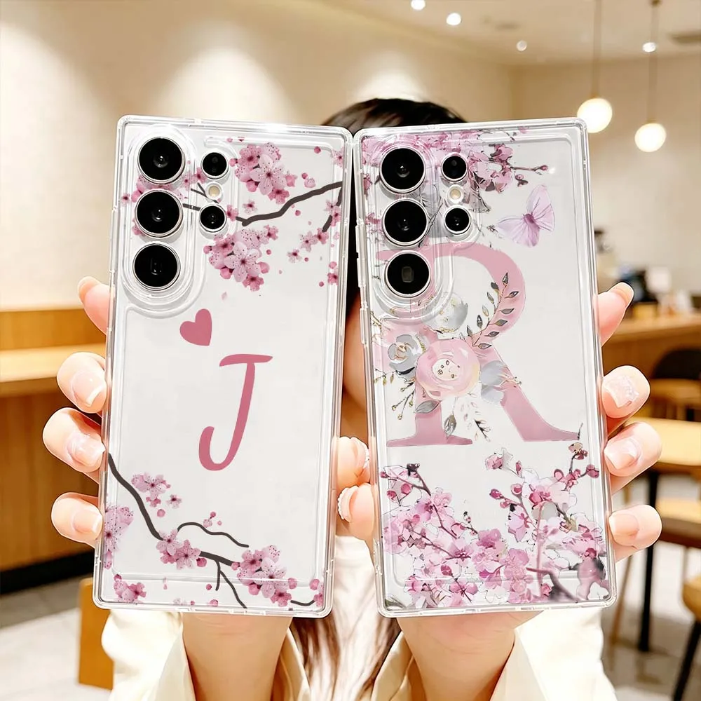 Floral Letter Pattern Phone Case For Samsung Galaxy S26 S25 S24 S23 S22 S21 S20 Ultra Plus FE Pro 5G Transparent Cover
