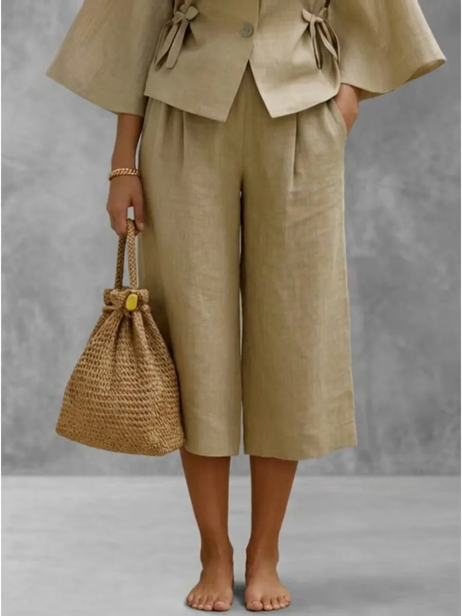 Freeacy Women Khaki Linen Blended High Waist Front Pleated Loose Wide Leg Cropped Pants 2026 Summer Vacation Casual Trousers