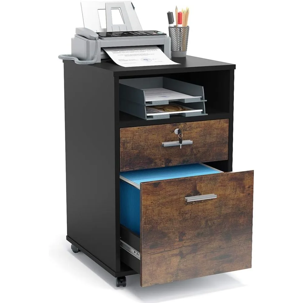 2 Drawer Mobile File Cabinet with Lock, Wood Modern Filing Cabinet for Letter Size, Printer Stand with Rolling Wheels