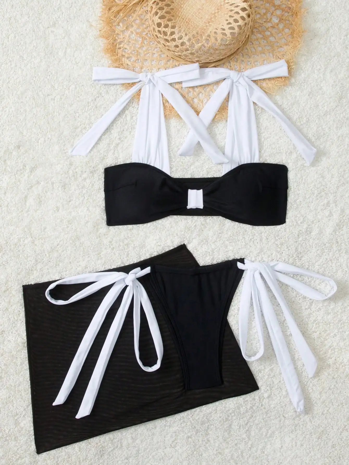 

Black And White Lace-Up Mesh Skirt 3-Piece Swimsuit Set For Beach Vacation