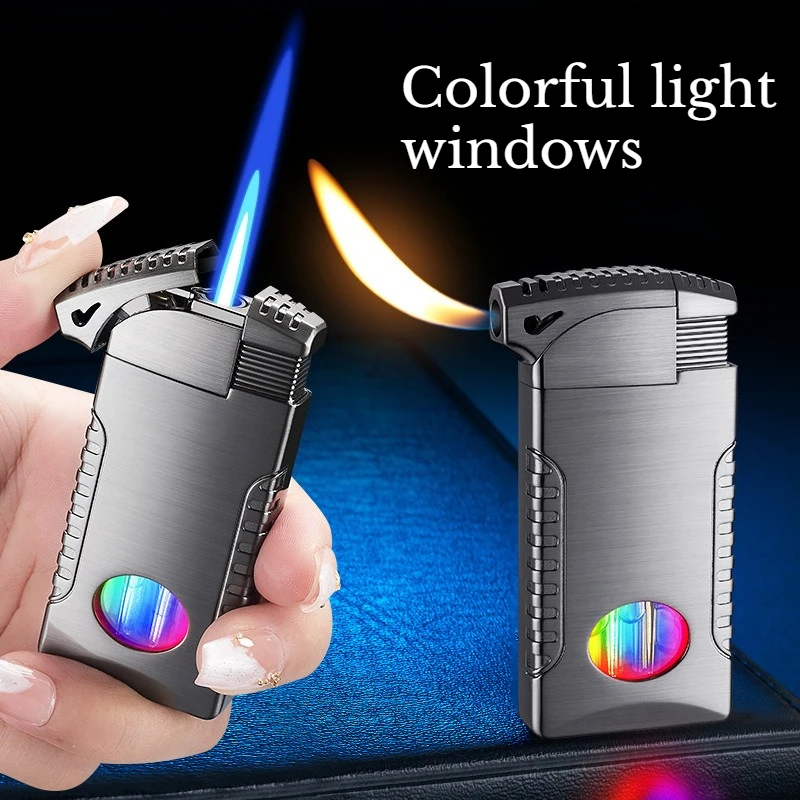 

Double Flame Blue Flame Straight Forward Windproof Metal Body,cool Color Lights, Air Window,cyclic Inflatable Men's Gift Lighter