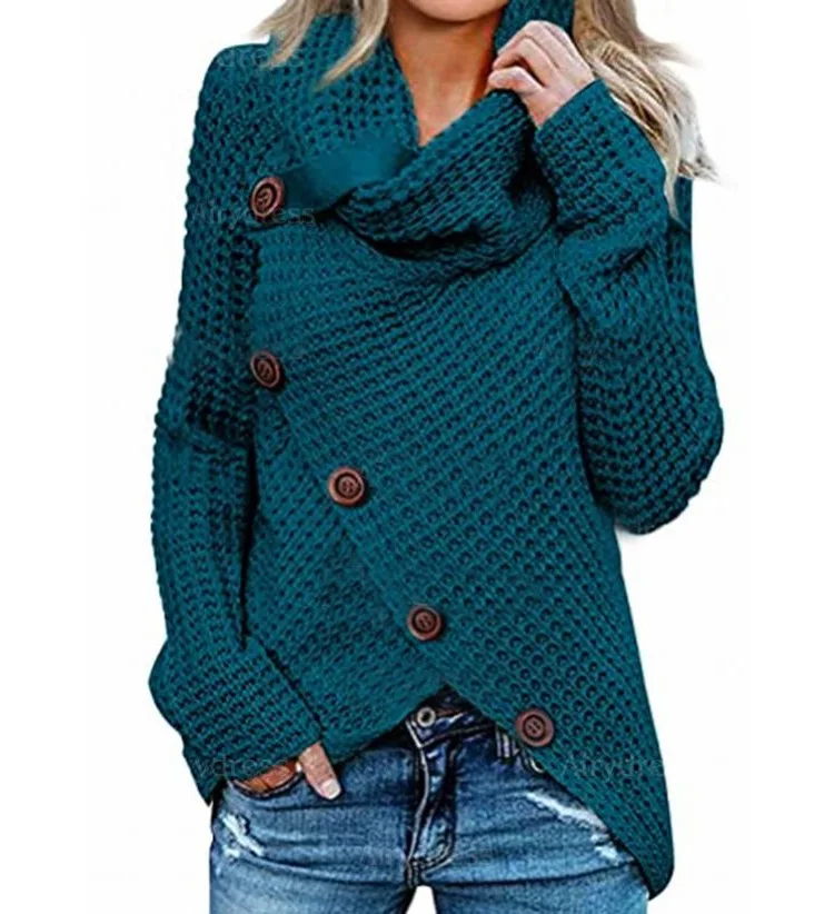 Mujer Otoño Invierno nuevo nuevo cuello alto de manga larga Irregular Diagonal botón suéter tejido Jersey Top Color sólido