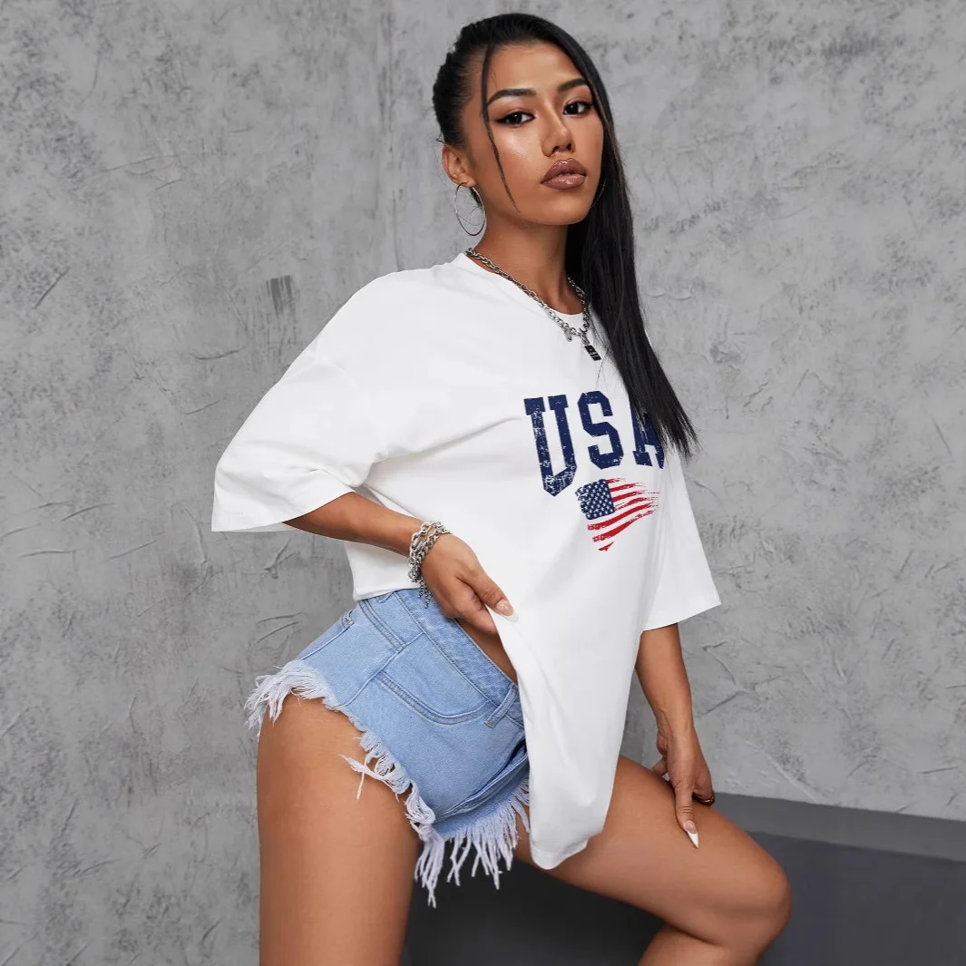 Damska koszulka T-shirt z nadrukiem amerykańskiej flagi, luźna bluzka w stylu Spice Girls, damska koszulka polo z krótkim rękawem, sukienka polo, damska koszulka golfowa.