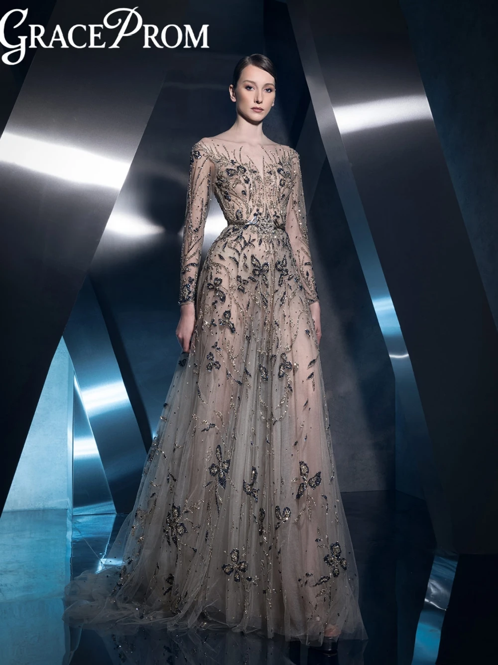 

Illusion Beaded Evening Dress Luxurious Elegant Floor-length A-line Party Gown Customized Elegant Long Sleeved Prom Dresses