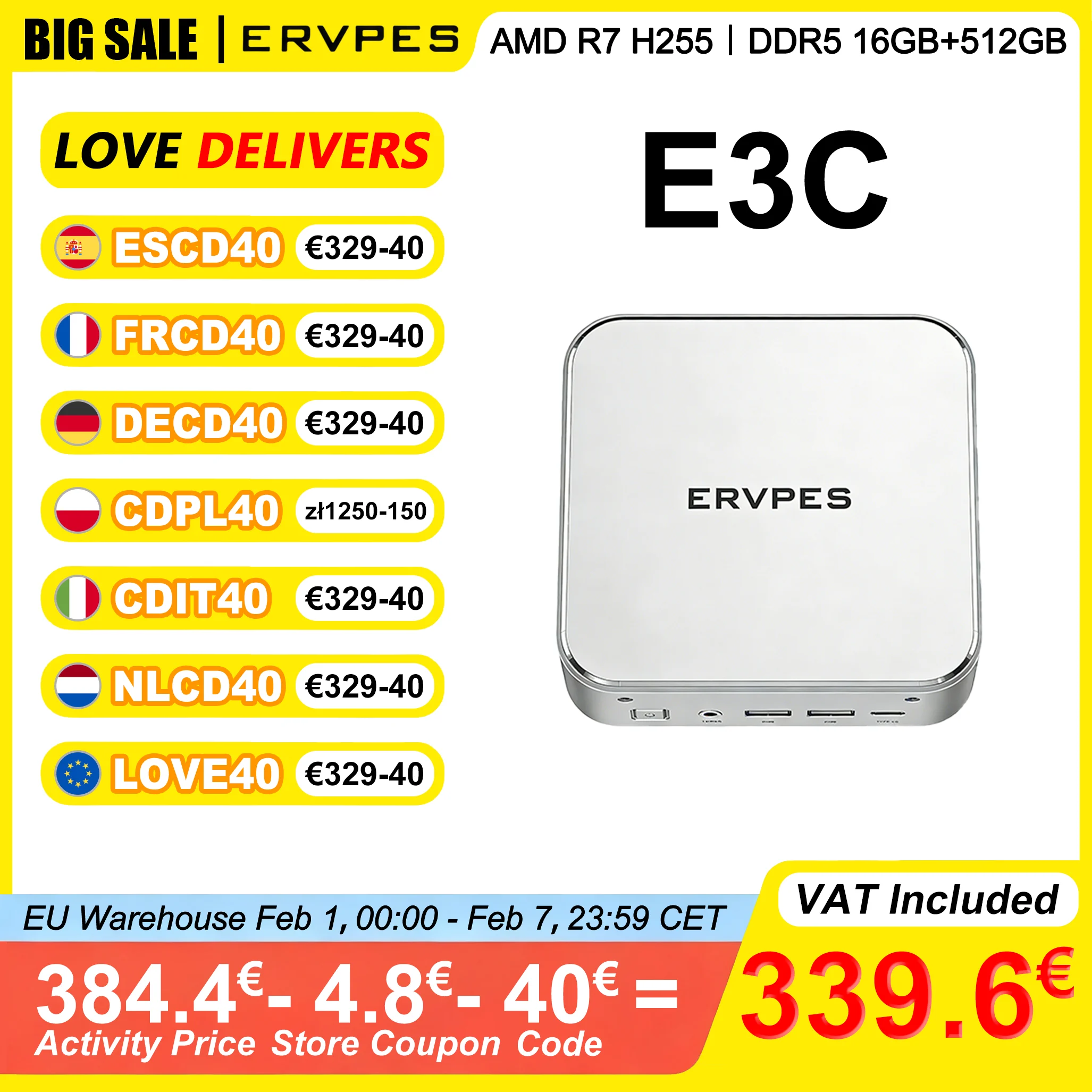 ERVPES E3C Mini PC 16GB DDR5 5600MHz RAM 512GB ROM AMD Ryzen7 H255 Windows 11 AMD Radeon 780M 4K @ 60Hz WiFi6 Bluetooth 5.2