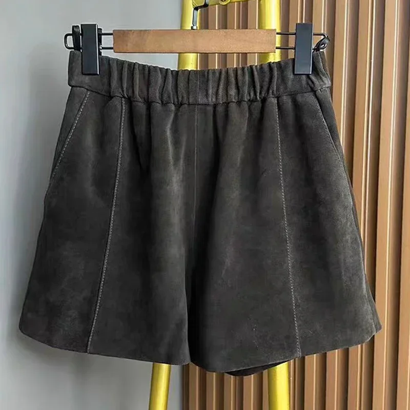 Pantaloncini in pelle da donna retrò 2025 Primavera vera pelle scamosciata Barra verticale Pantaloni a vita alta elastica Mujer Casual Pantalones Cortos