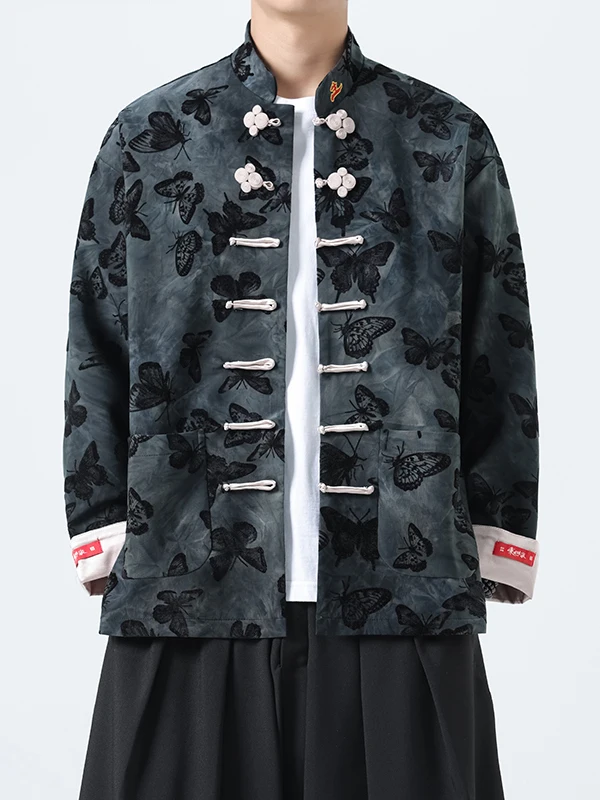 

Feather Embroidered Velvet Tang Suit Jaet for Men New Chinese Sle Casual Long Sve Top Youth Autumn Wear