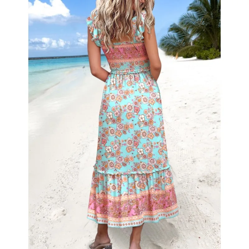 Robe mi-longue élégante sans manches pour femmes, nouvelle mode, cintrée à la taille, Style vacances, imprimé floral, taille élastique