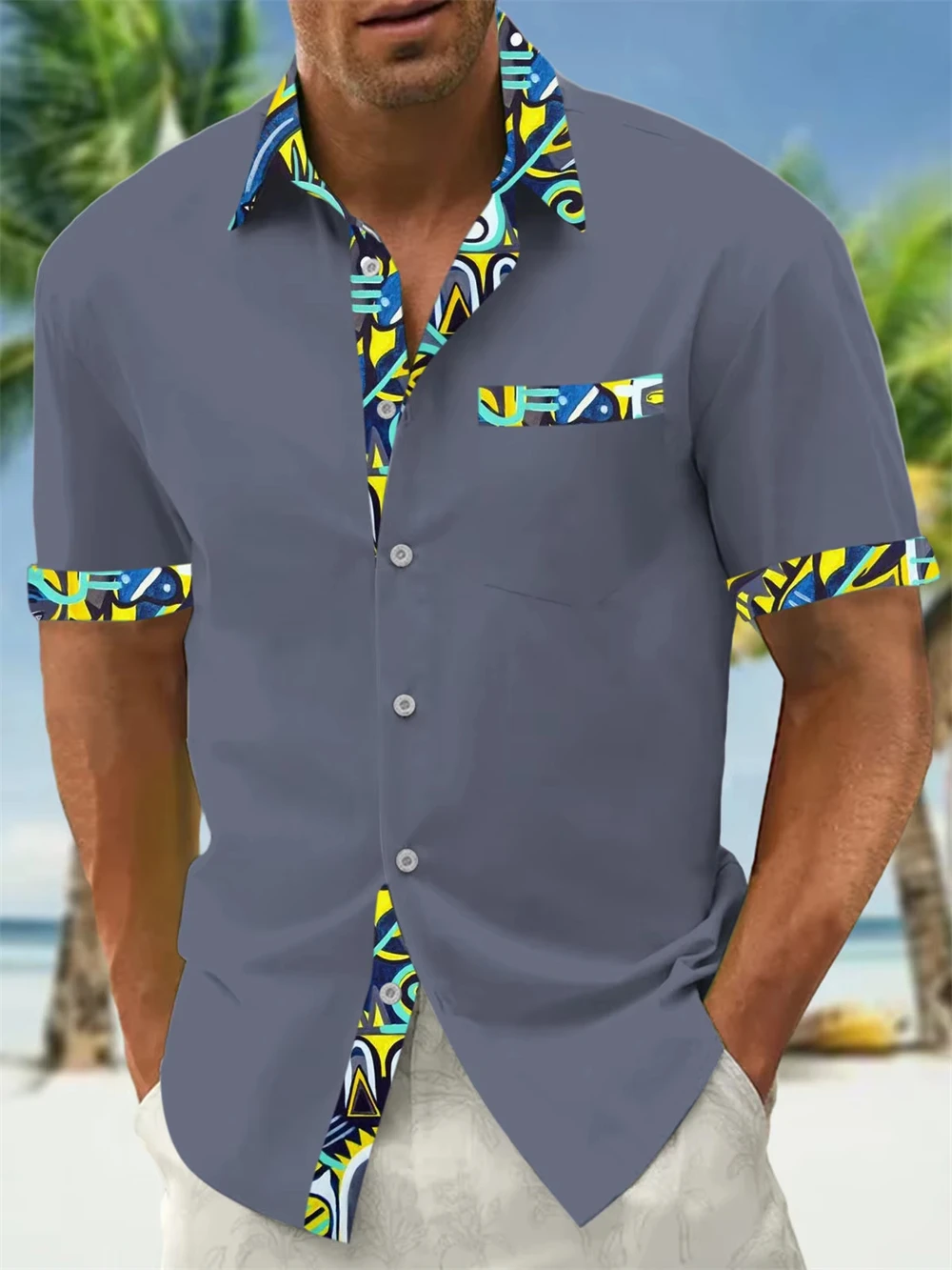 Summer Hawaiian Plants Pattern Multicolor Print Shirt for Men Flower Print Plus Size Fashion Shirts Beach Flower Button Shirt