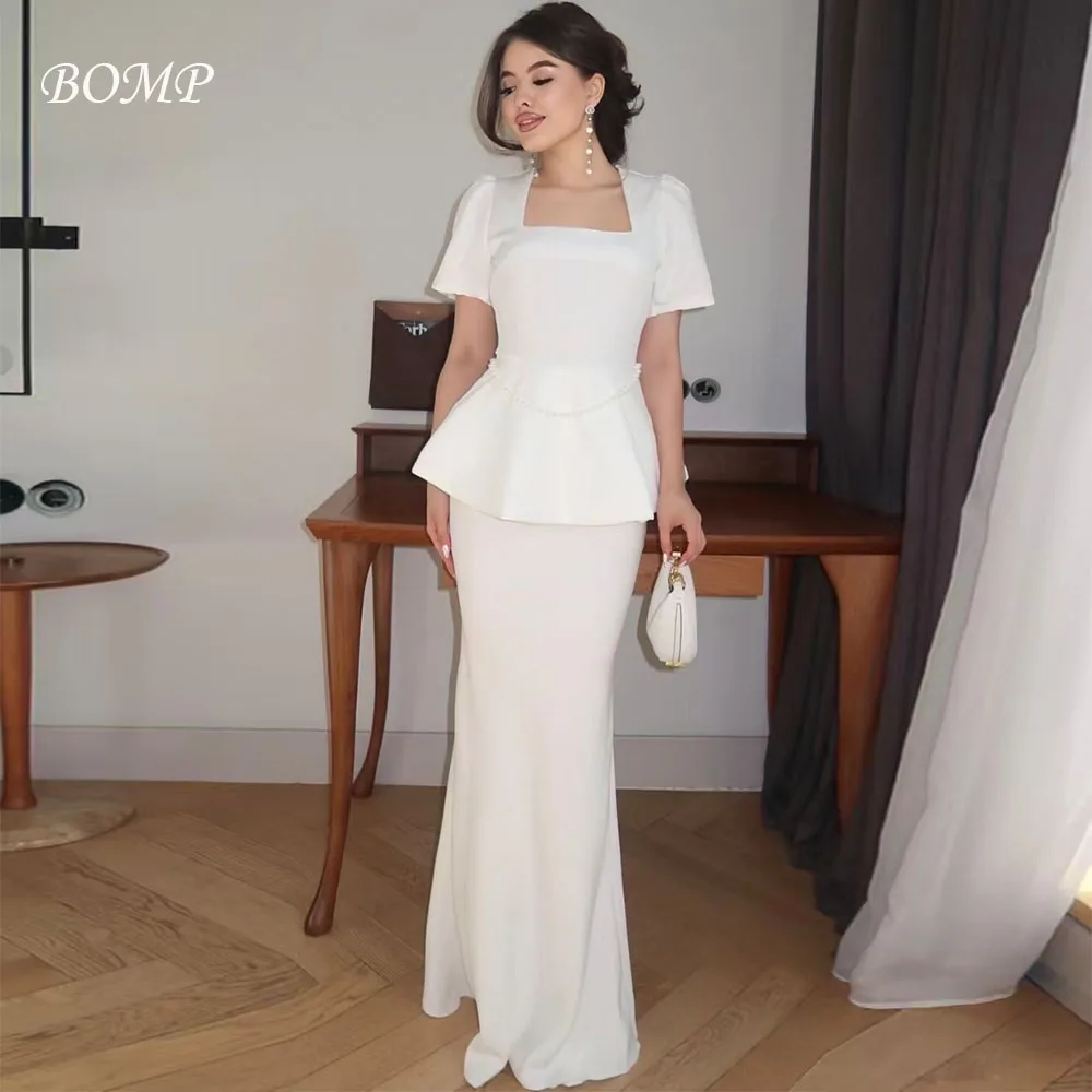 BOMP elegante vestido de noche blanco de manga corta drapeado sirena hasta el suelo satén ocasión especial vestidos de fiesta personalizado árabe