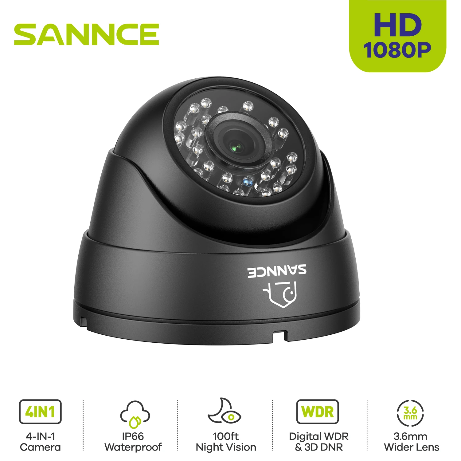 

SANNCE 1080P 4-in-1 for AHD/TVI/CVI/CVBS Dome Security Camera Outdoor Night Vision IP66 Weatherproof Analog Surveillance Video