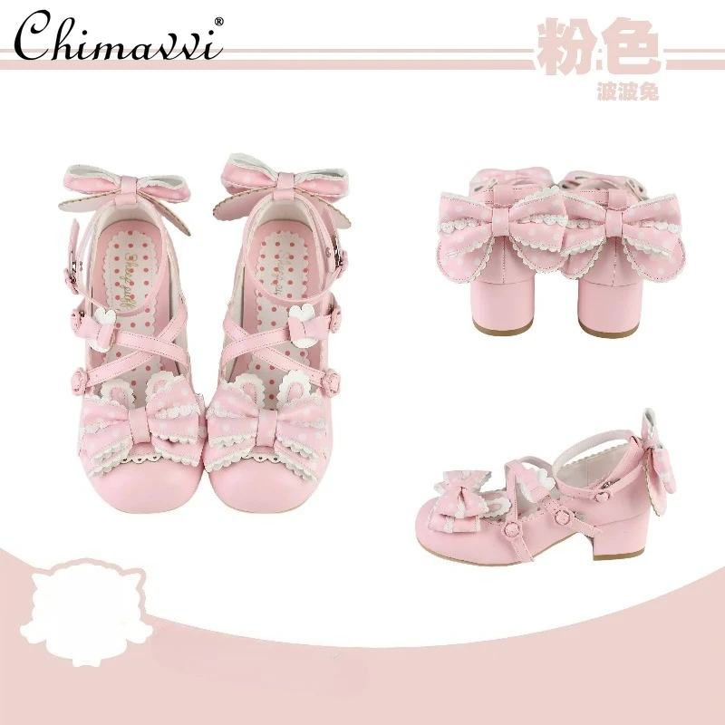 

Cute Polka Dot Bunny Ear Bow Mid-Heel Shoes Spring New Sweet Girl Elegant Lolita Princess Mary Jane Shoes Mid Heel Pumps