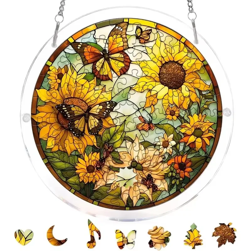 Sunflower Theme Irregular Shape Acrylic Puzzle Window Decoration Pendant DIY Home Garden Suncatcher Ornament