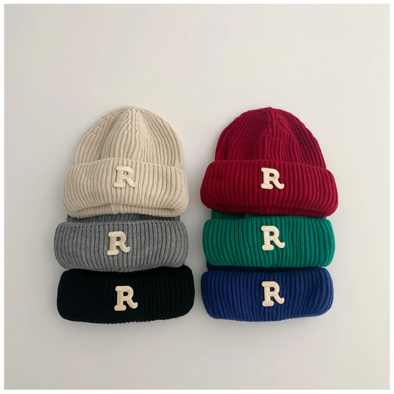 Baby Wool Cap Korea Autumn Winter R Letter Knitting  Girl Cap Pure Color Simple Children\'s  Beanies Hat Crochet Bonnet Toddler