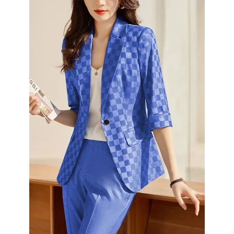 Summer Spring Fashion Women Blazer Ladies Apricot Black Blue Plaid Half Sleeve Female Business Work Wear Formal Jacket