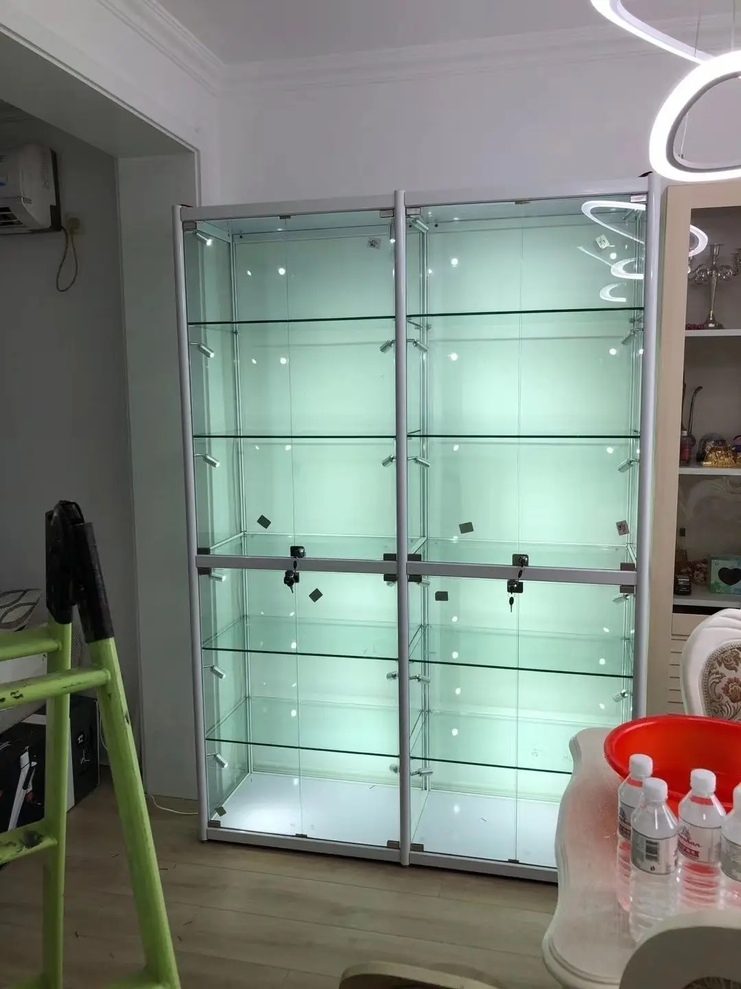 Multifunctional Full Vision Transparent Glass Display Cabinet, Aluminum Alloy Glass Sliding Door Display with LED Lighting