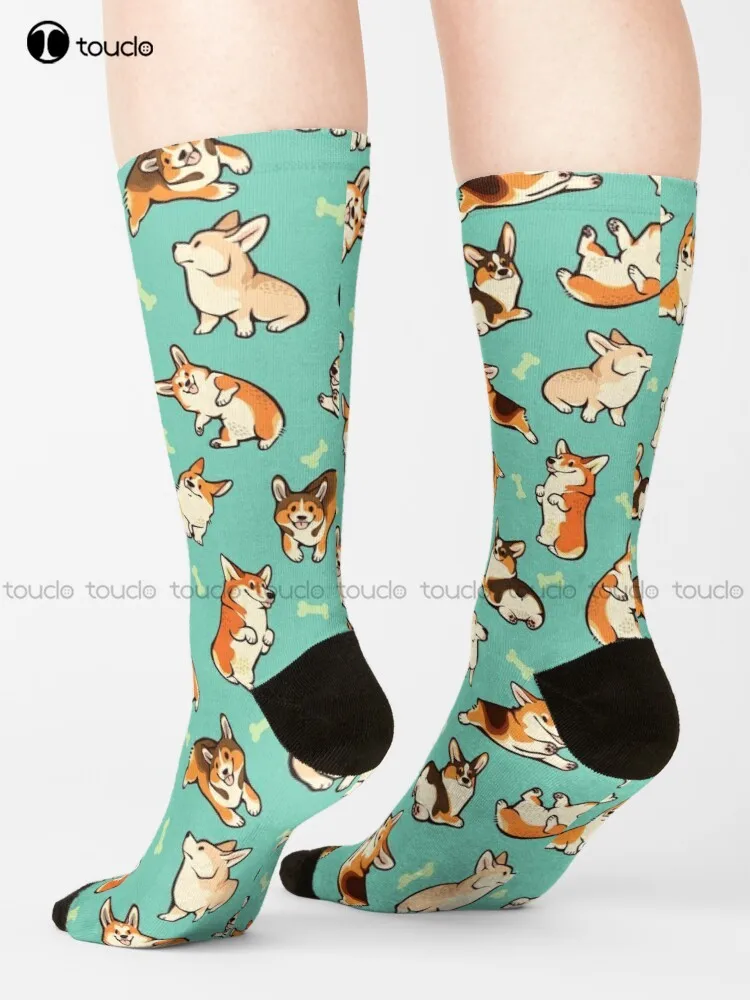 

Jolly Corgis In Green Socks He Office Socks Street Skateboard Socks Personalized Custom Unisex Adult Teen Youth Socks Gd Hip Hop